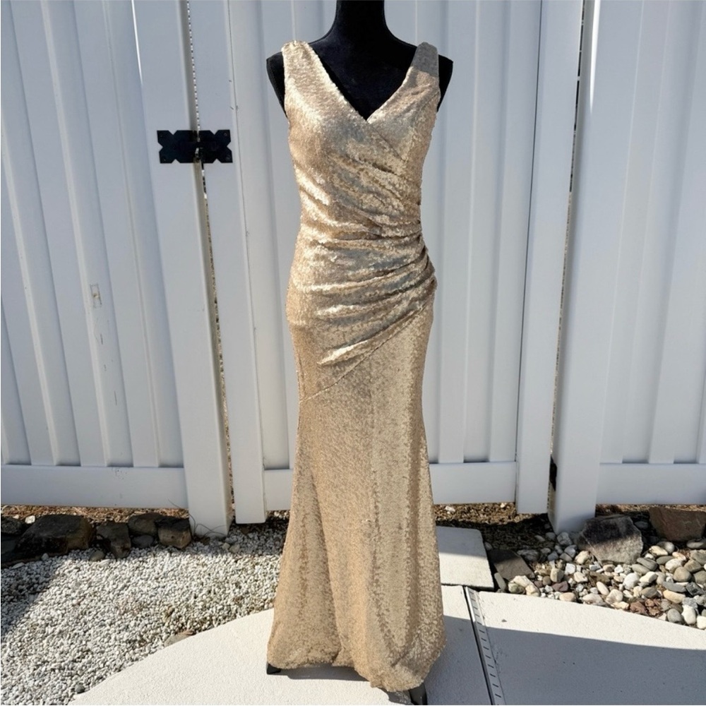 Revelry Dawson Gold Sequin Collection Formal Bridesmaid Dress Size 6